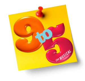 Image that looks like it has a yellow Post It note pinned with a red push pin, and featuring a glossy 9 to 5 show logo